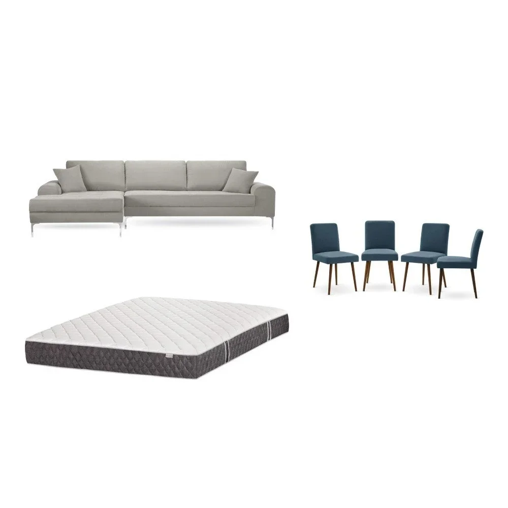 Set světle šedé pohovky s lenoškou vlevo, 4 modrých židlí a matrace 160 x 200 cm Home Essentials v:1129986