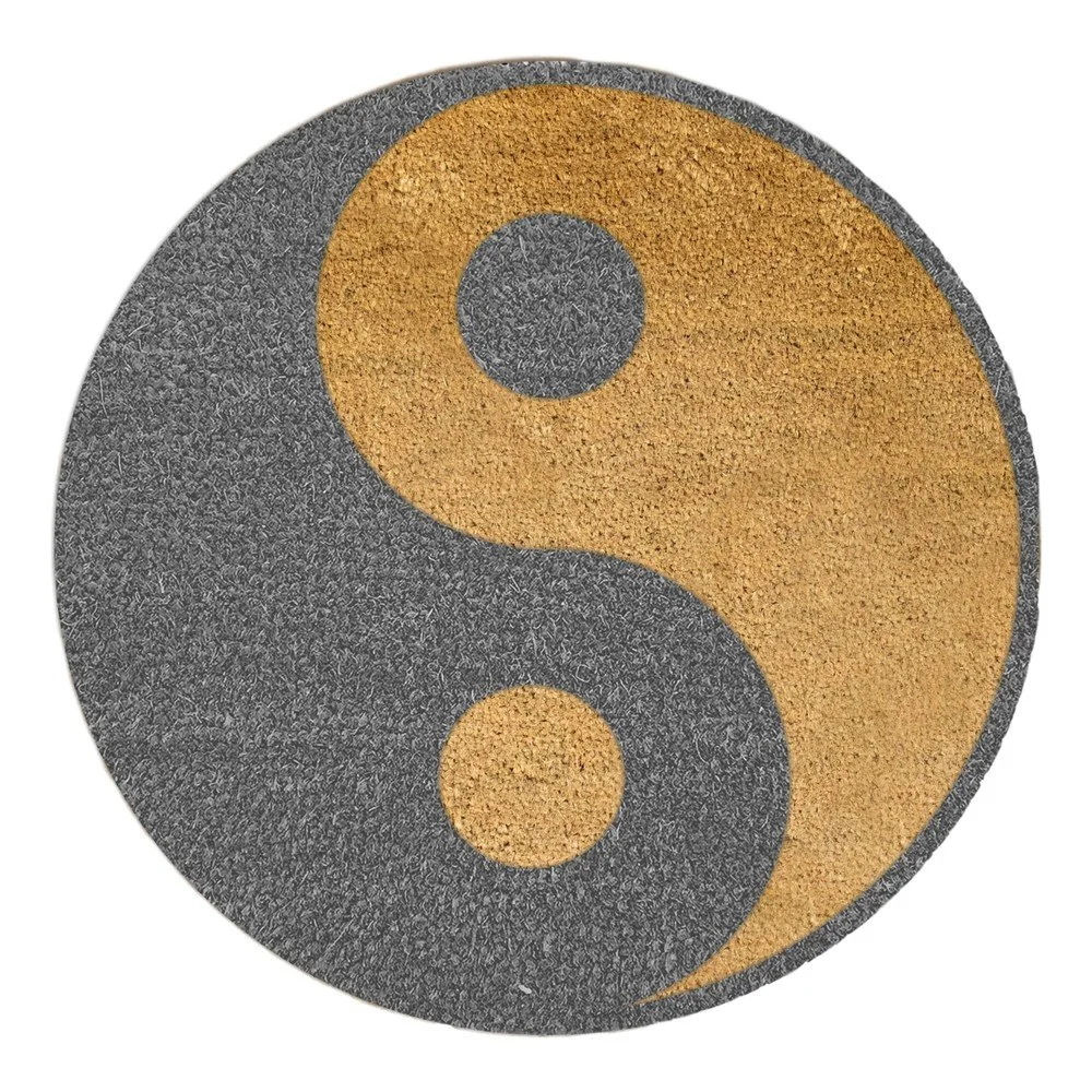 Šedá kulatá rohožka z přírodního kokosového vlákna Artsy Doormats Yin Yang, ⌀ 70 cm v:1235726