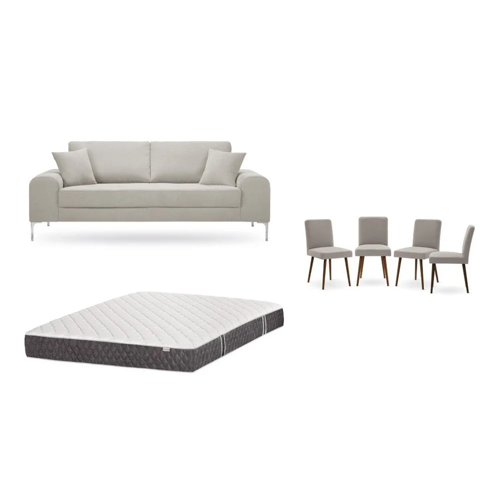 Set třímístné krémové pohovky, 4 šedobéžových židlí a matrace 160 x 200 cm Home Essentials v:1129892