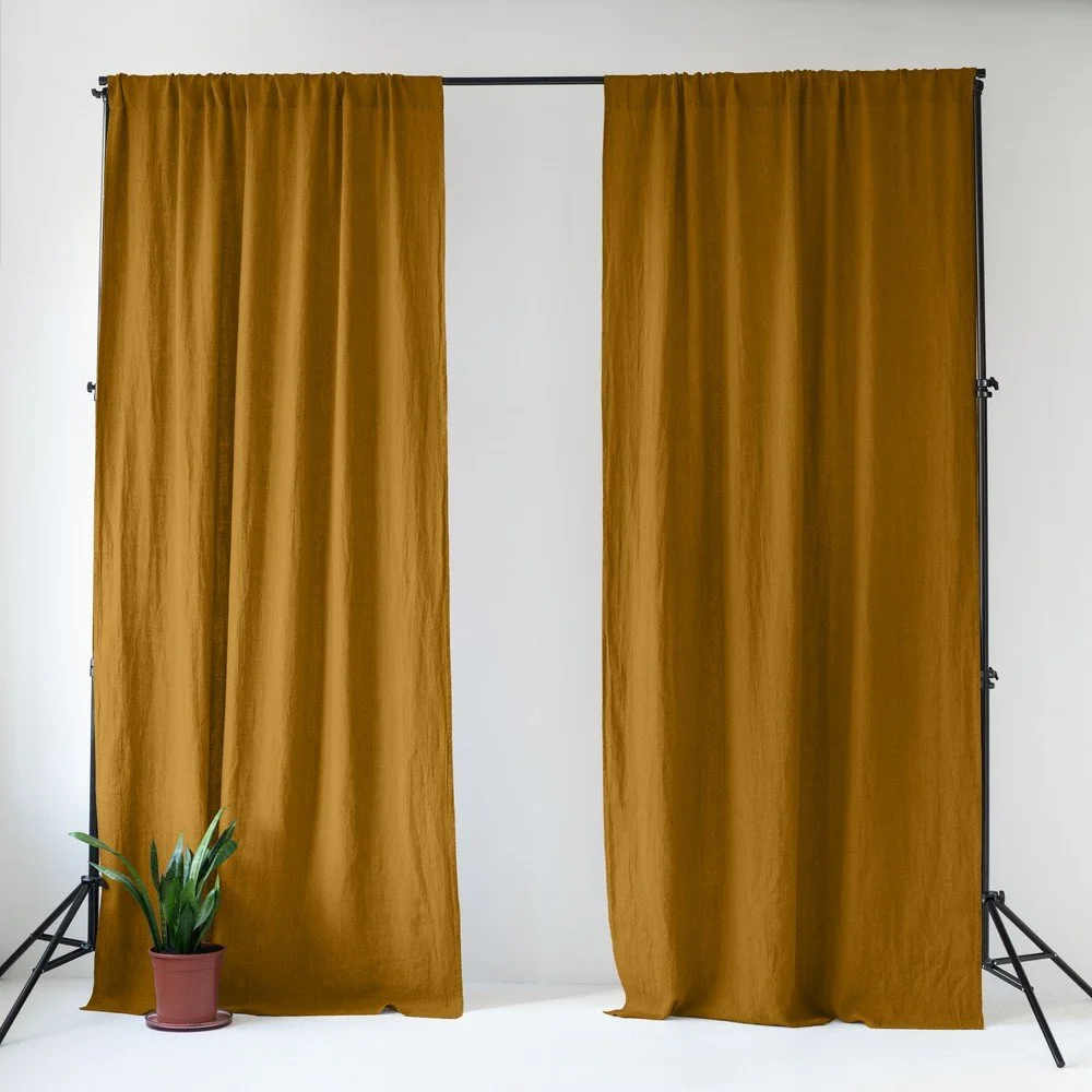 Okrově žlutý/hnědý lněný závěs 140x330 cm Bronze – Linen Tales v:1795678
