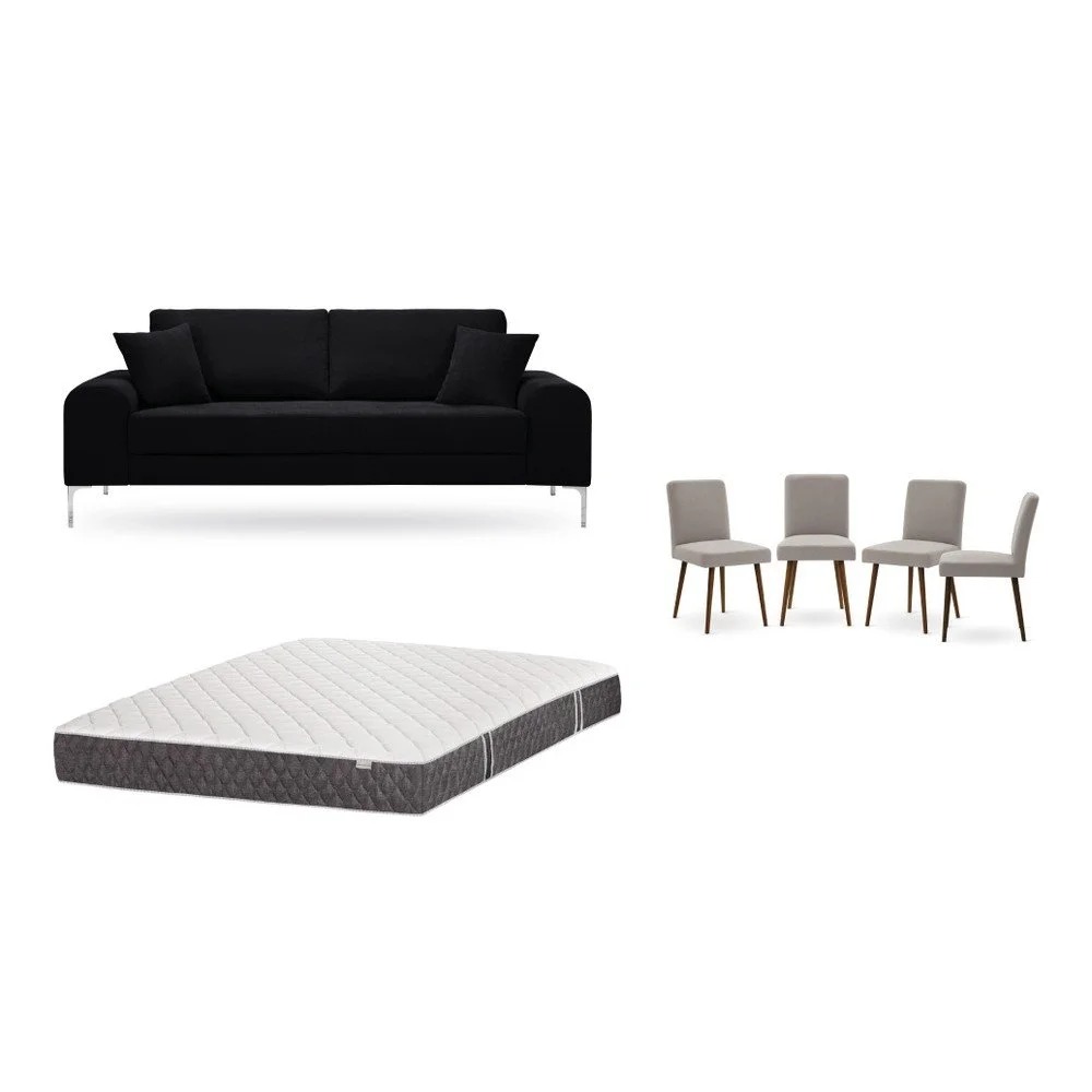 Set třímístné černé pohovky, 4 šedobéžových židlí a matrace 160 x 200 cm Home Essentials v:1129958