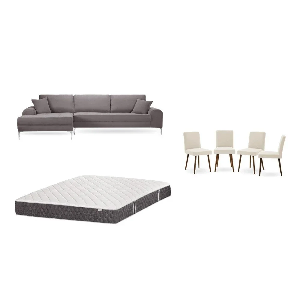 Set hnědé pohovky s lenoškou vlevo, 4 krémových židlí a matrace 160 x 200 cm Home Essentials v:1130002