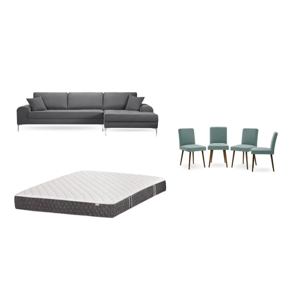Set šedé pohovky s lenoškou vpravo, 4 šedozelených židlí a matrace 160 x 200 cm Home Essentials v:1130098