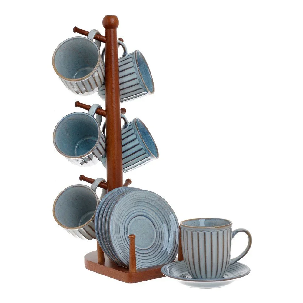 Set 6 modrých porcelánových šálků s podšálky a stojanem z březového dřeva InArt Retro v:1291482
