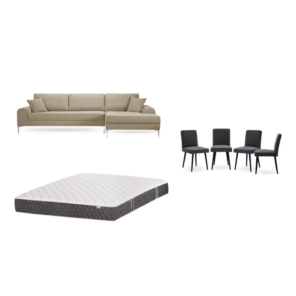 Set šedobéžové pohovky s lenoškou vpravo, 4 černých židlí a matrace 160 x 200 cm Home Essentials v:1130074