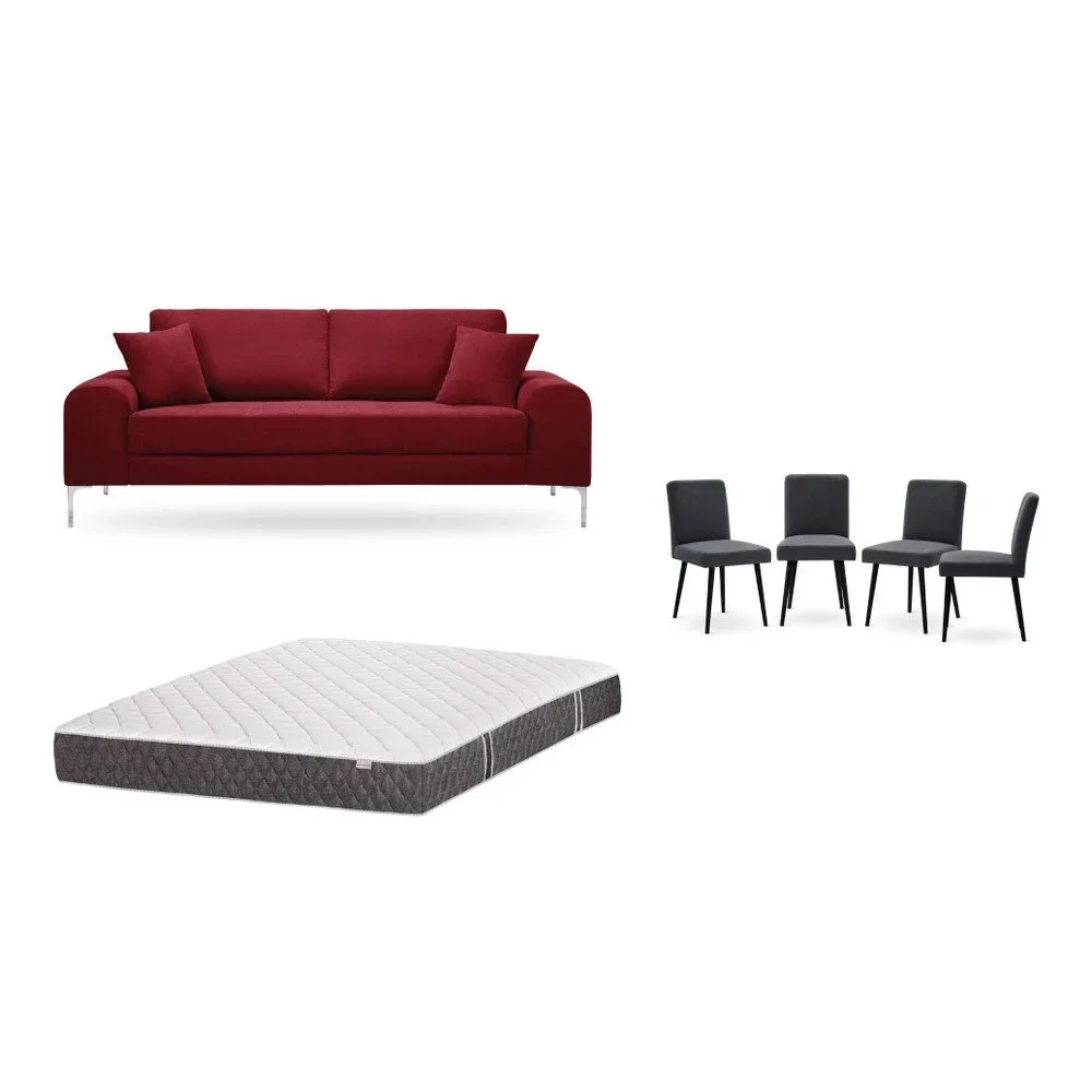 Set třímístné červené pohovky, 4 antracitově šedých židlí a matrace 160 x 200 cm Home Essentials v:1129972