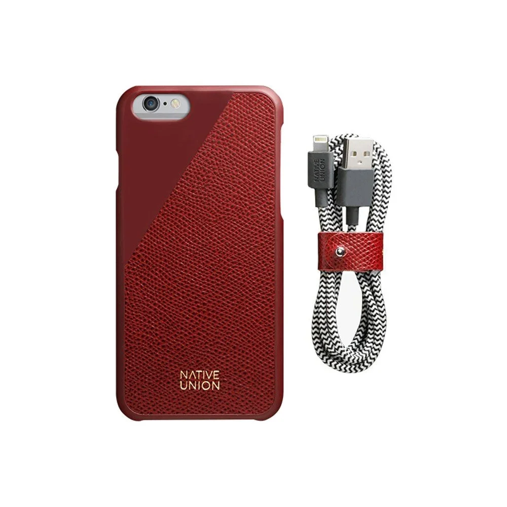 Set tmavě červeného obalu z pravé kůže a nabíjecího kabelu pro iPhone 6 a 6S Plus Native Union Clic Leather Belt v:1166110