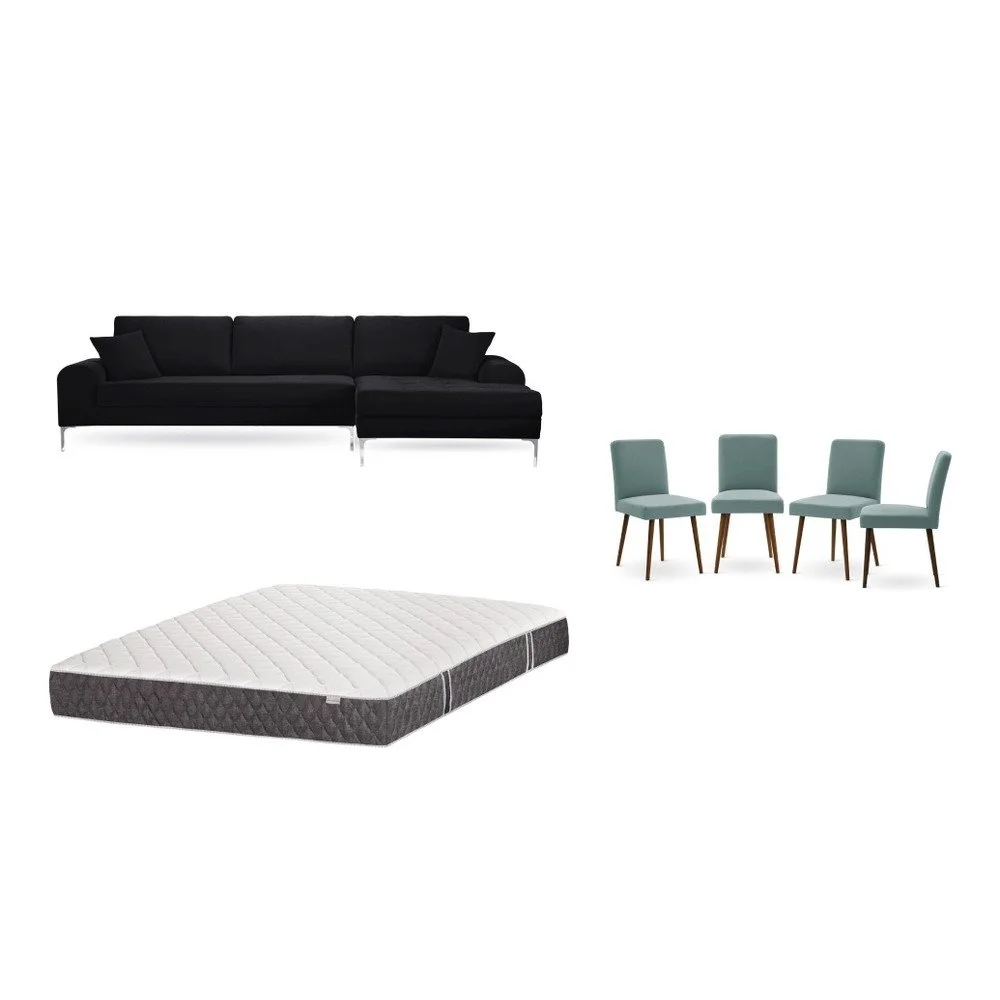 Set černé pohovky s lenoškou vpravo, 4 šedozelených židlí a matrace 160 x 200 cm Home Essentials v:1130110