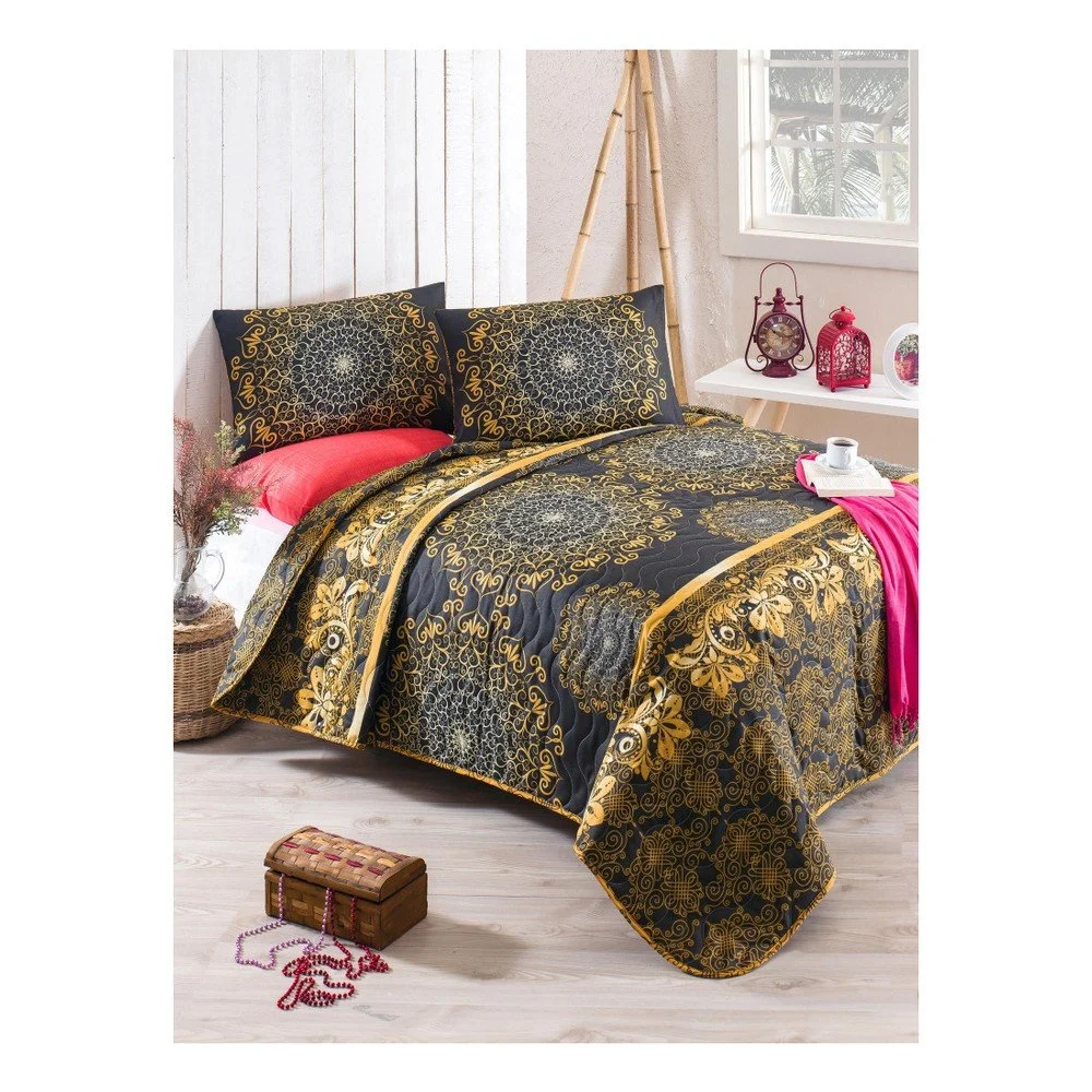 Set přehozu přes postel a povlaku na polštář s příměsí bavlny Sehri Ala Gold, 160 x 220 cm v:1266850