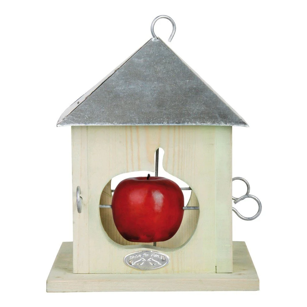 Bílé dřevěné krmítko pro ptáky se zinkovou střechou na 4 jablka Esschert Design, výška 23 cm v:967402