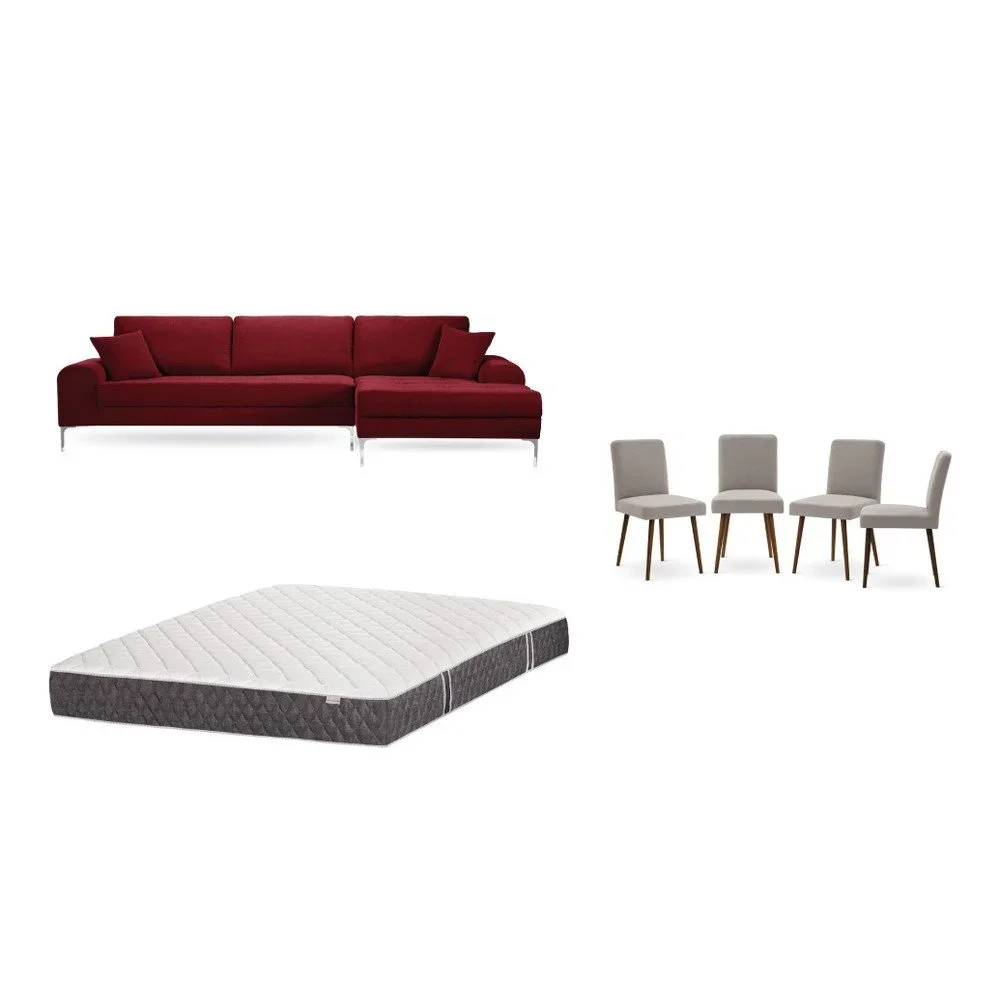 Set červené pohovky s lenoškou vpravo, 4 šedobéžových židlí a matrace 160 x 200 cm Home Essentials v:1130116